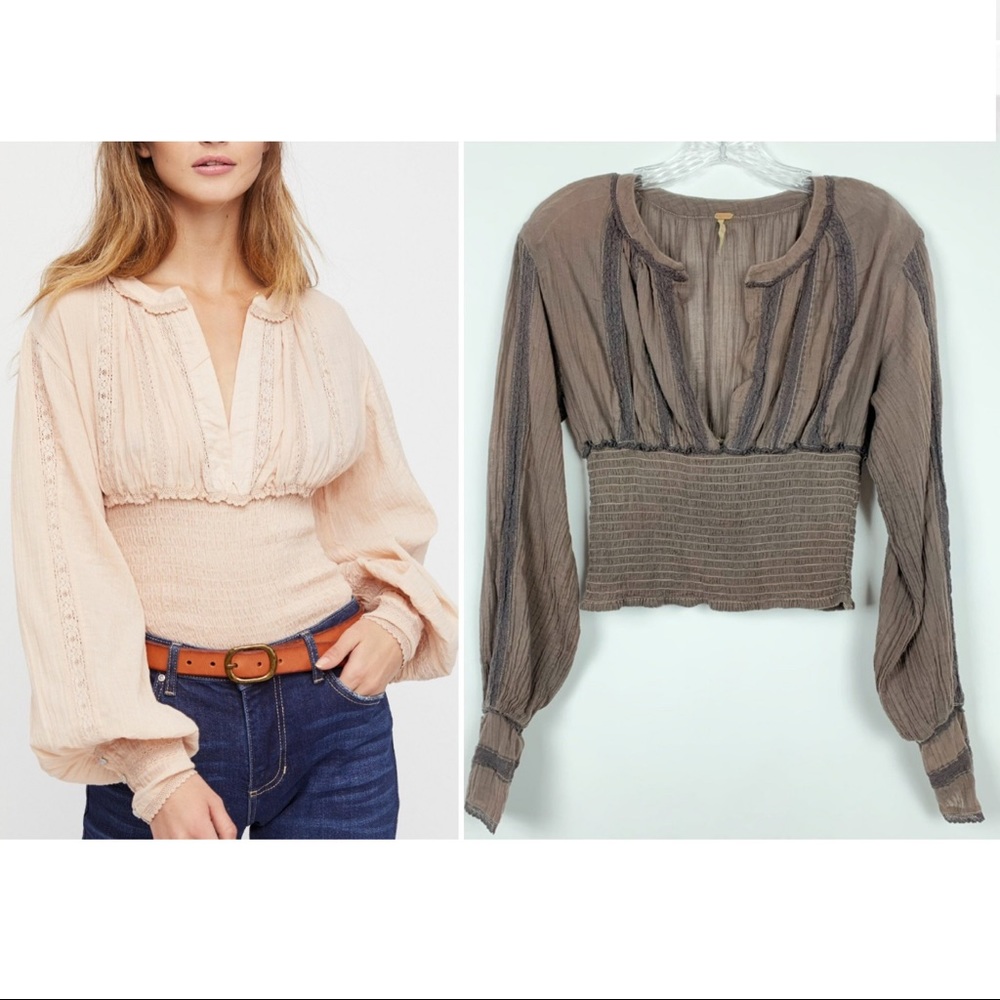 Free People Long Sleeve Brown Smocked Cropped Top